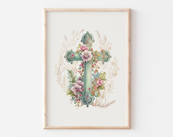 Green Floral Cross with Pink Blooms Christian Easter Watercolor Poster