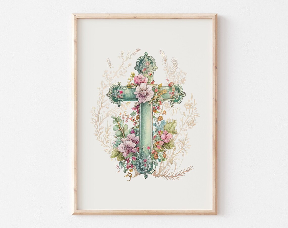 Green Floral Cross with Pink Blooms Christian Easter Watercolor Poster