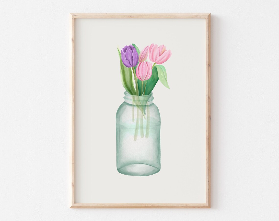 Blush Tulips in Mason Jar Watercolor Botanical Floral Wall Poster