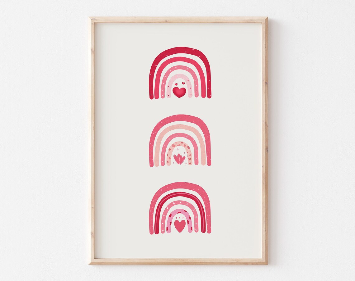 Pink Red Boho Rainbow Hearts Trio Minimalist Valentine Wall Art