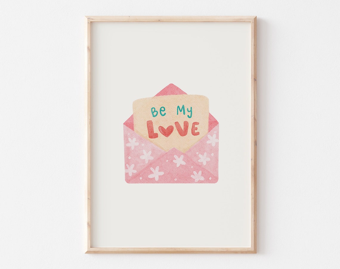 Be My Love Pink Envelope Watercolor Note Minimalist Art Poster