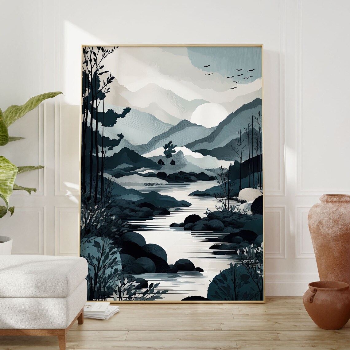 Mist Blue Mountain Valley Poster with River and Birds Zen Minimal Art - Image 2