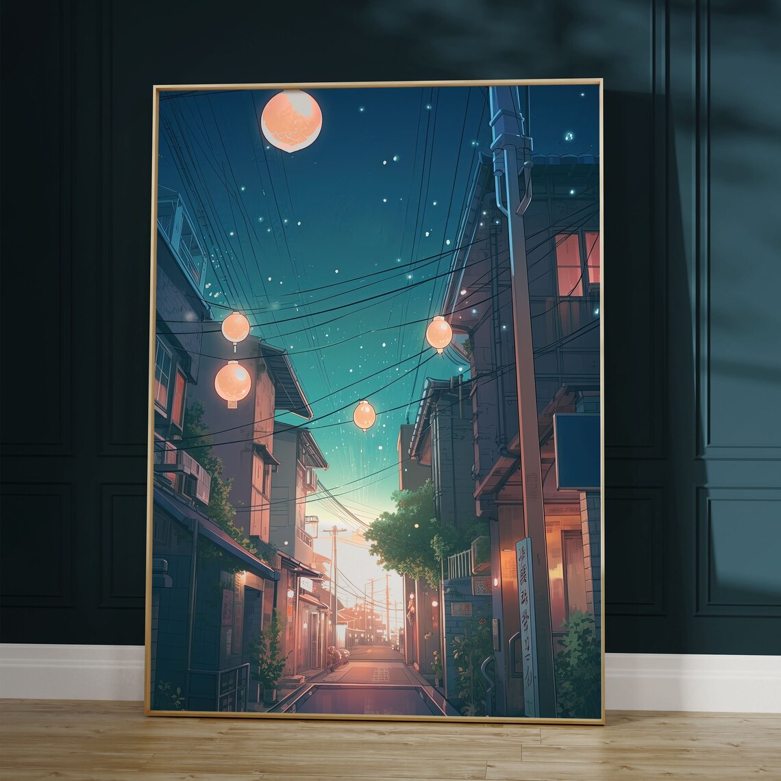 Lofi Anime Japanese Lantern Starry Night Poster
