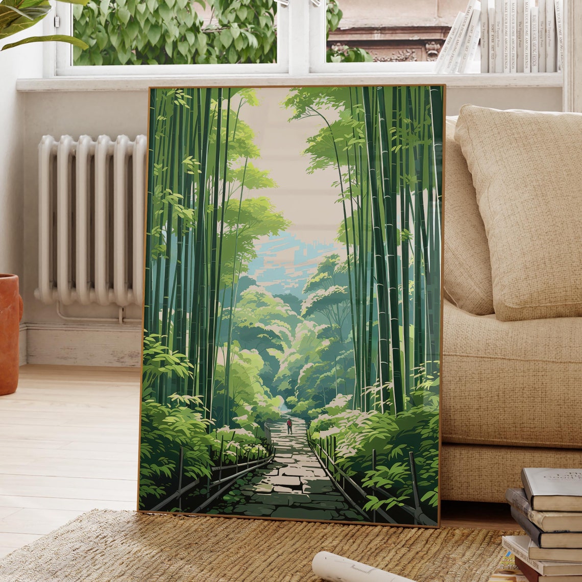 Anime Bamboo Forest Path With Lone Walker in Soft Daylight Poster