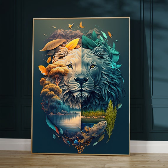 Lion Art Print Bohemian Art Dorm Room Essentials Nature Wall Art Tranquil Forest Wildlife Boho Animal Poster Woodland Nature Lover Gift