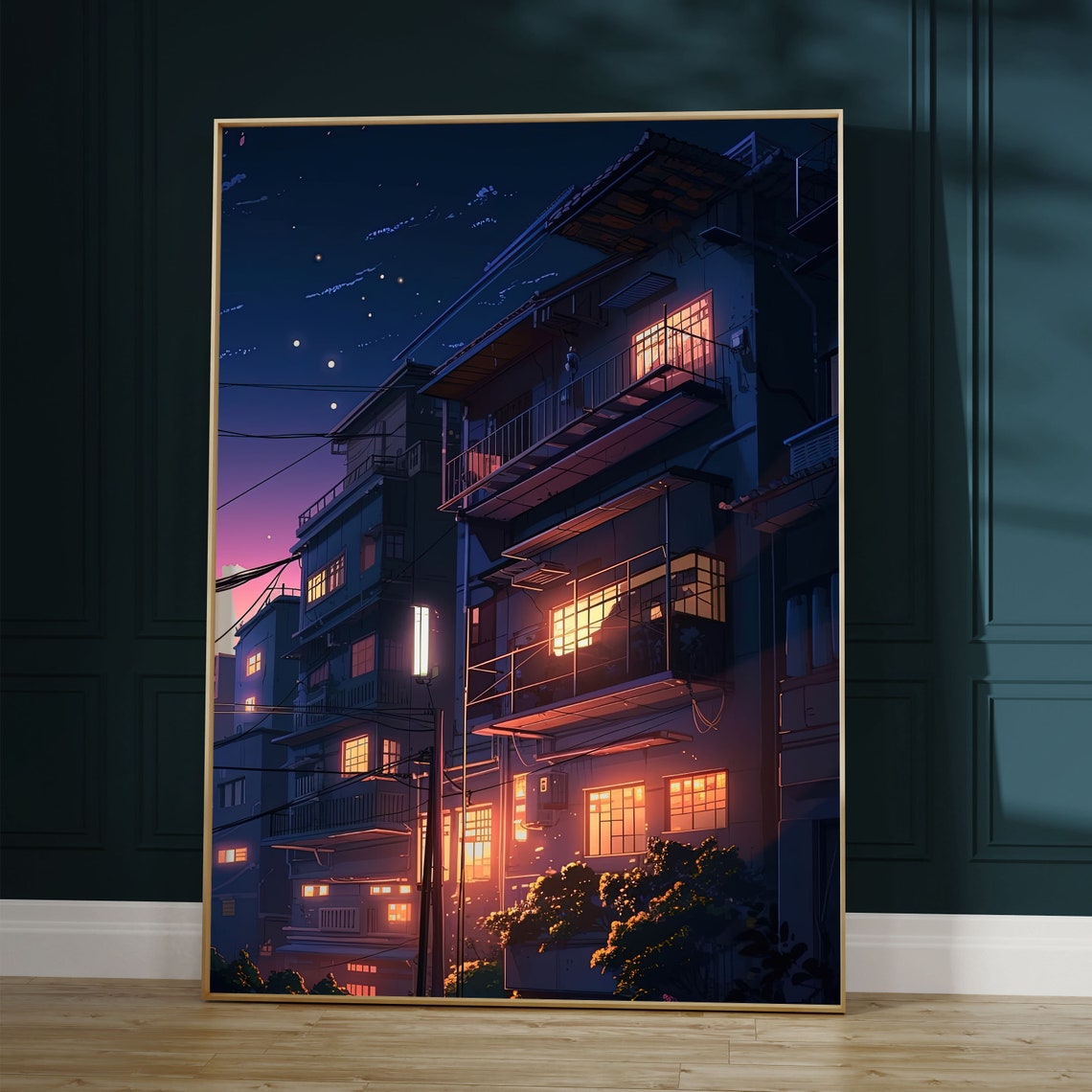 Japanese Apartment Night Anime Poster with Glowing Windows and Stars - Image 2