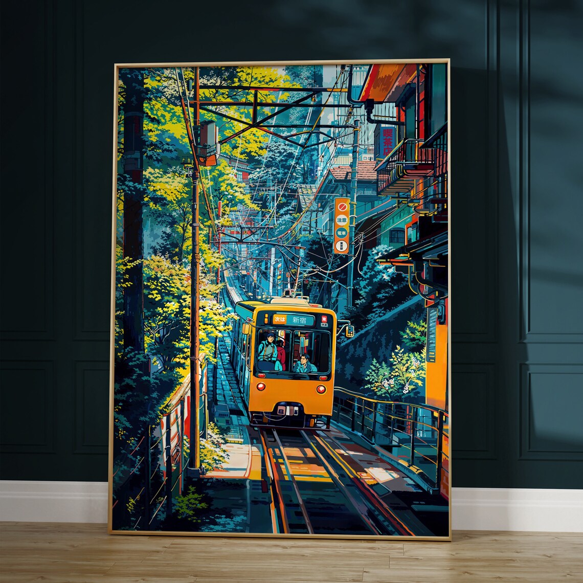 Anime Orange Train Heading to Shinjuku Through Green Hillside Town Poster