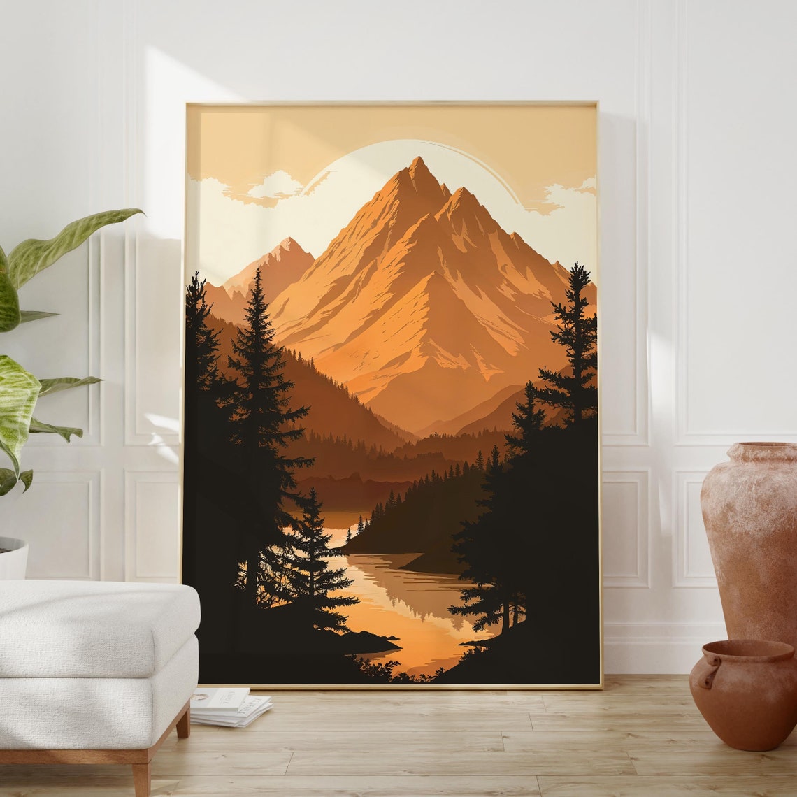 Amber Mountain Sunset Poster with Pine Silhouette and Lake Reflection - Image 2