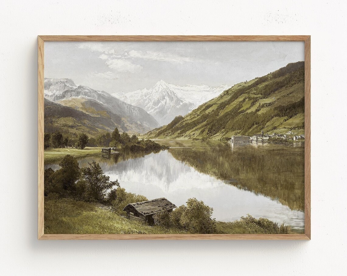 Vintage Austrian Mountains Art Print, Rustic Lake View