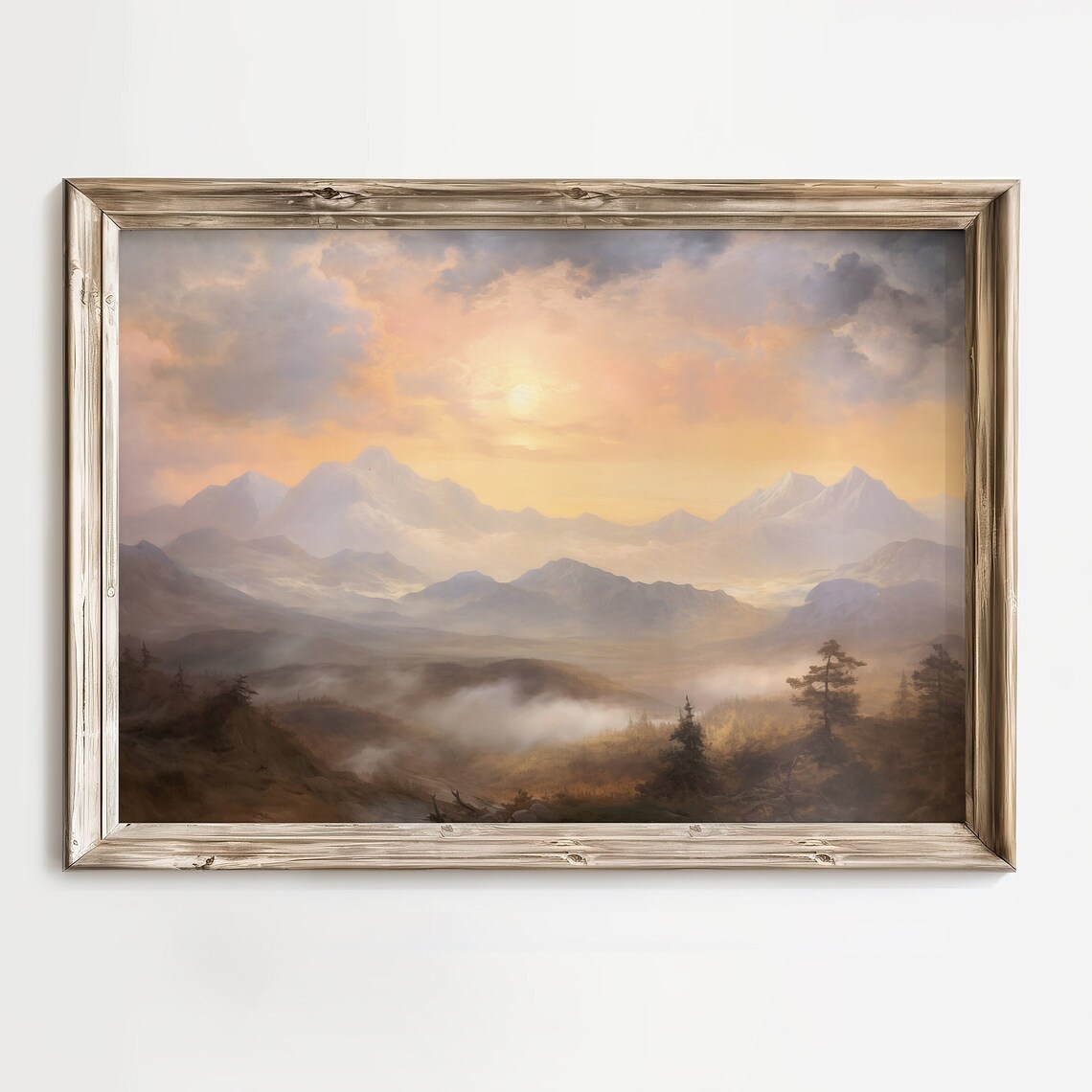 Rustic Mountain Landscape, Vintage Sunrise Art Print