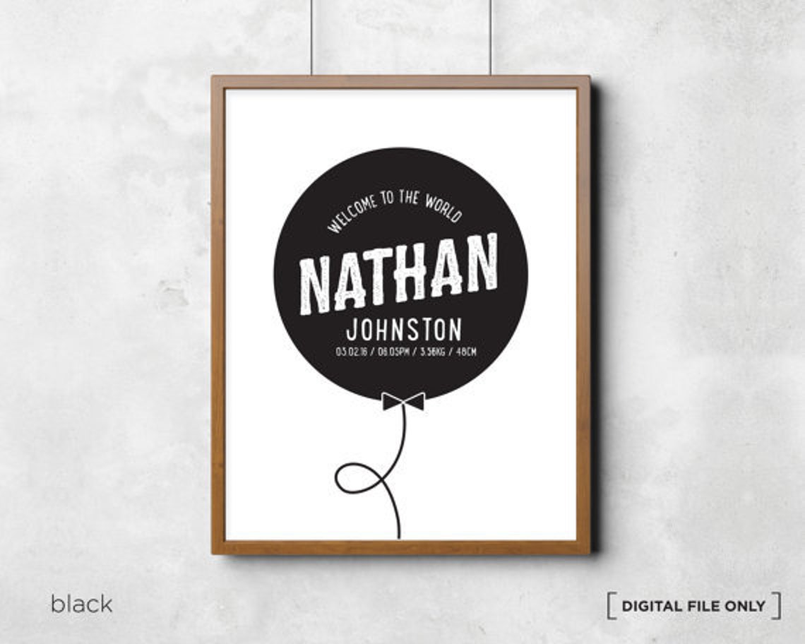 Black Balloon Birth Stats Personalized Nursery Baby Poster Design