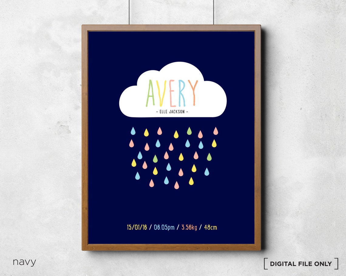 Navy Cloud Rain Birth Stats Personalized Nursery Poster Design