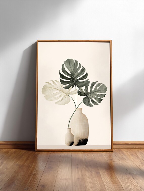 Monstera Leaves in Vase Minimal Poster with Japandi Botanical Elegance