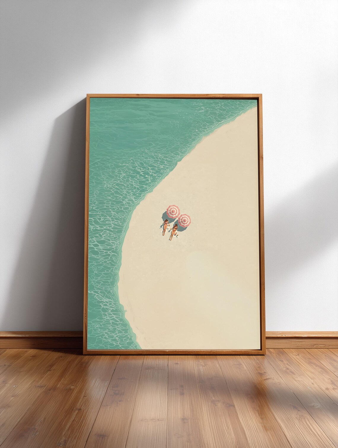Minimal Beach Aerial View Two Umbrellas Turquoise Sea Summer Illustration Poster