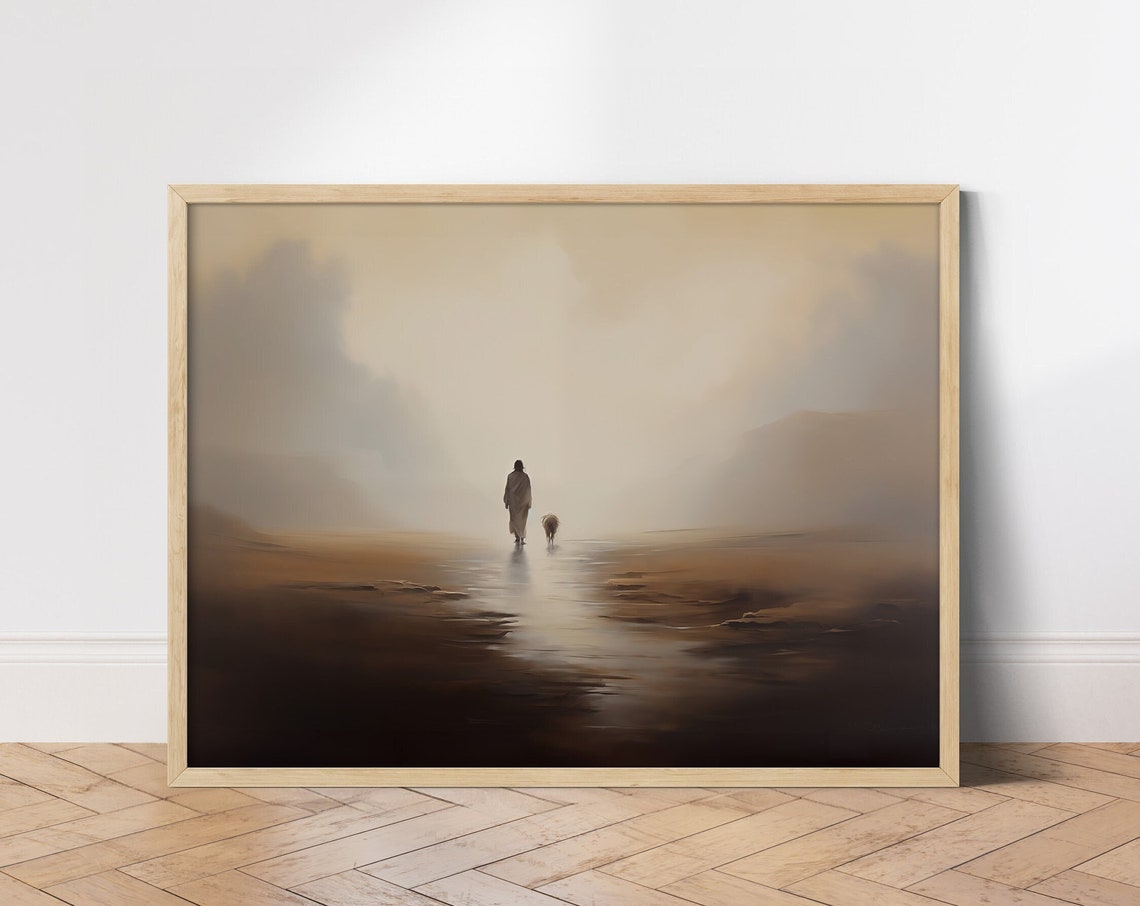 Jesus the Good Shepherd Walking with One Sheep Misty Art Print