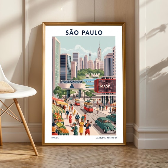 So Paulo City Life Poster Green And Red Blue Yellow Retro Art Brazilian Urban Illustration Travel Living Room Decor