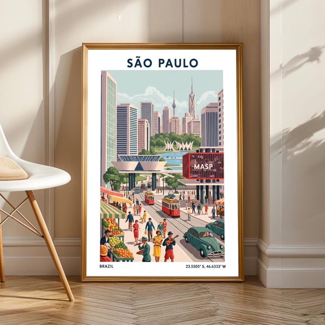 Sao Paulo Brazil MASP Skyline Street Market Vintage Travel Poster