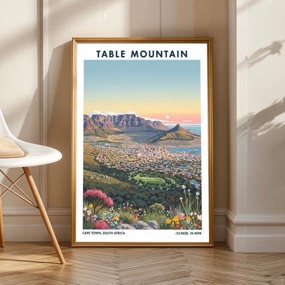 Cape Town Table Mountain Print Blue And Green Pink Yellow Orange Landscape South African Travel Art Living Room Office Decor