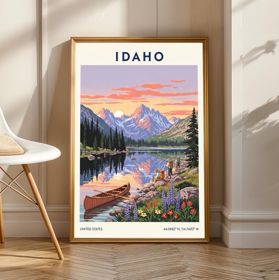 Idaho Sunset Mountain Lake Canoe Reflection Vintage Travel Poster