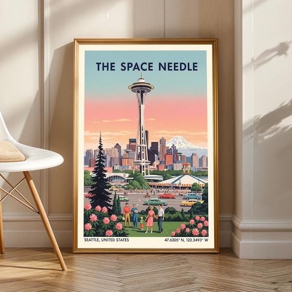 Seattle Space Needle Poster Pink Blue And Green Retro Cityscape Midcentury Modern Travel Art Living Room Office Decor