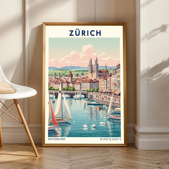 Zrich Lakeside Scene Poster Vintage Travel Art In Blue Pink Green And White Swiss Cityscape Gouache Illustration Living Room Print