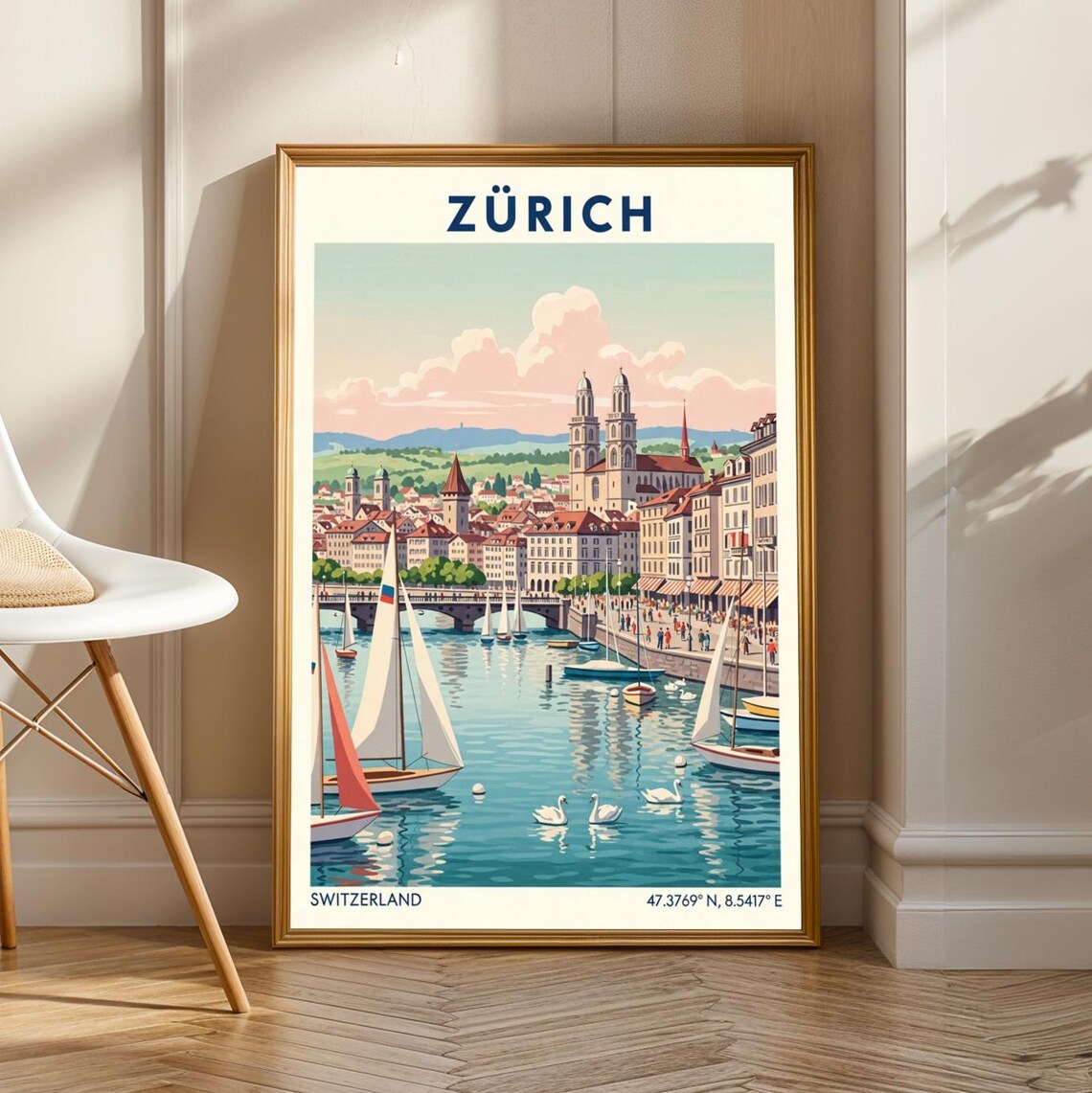 Zurich Lakeside Sailboats Swans Vintage Gouache Switzerland Travel Poster
