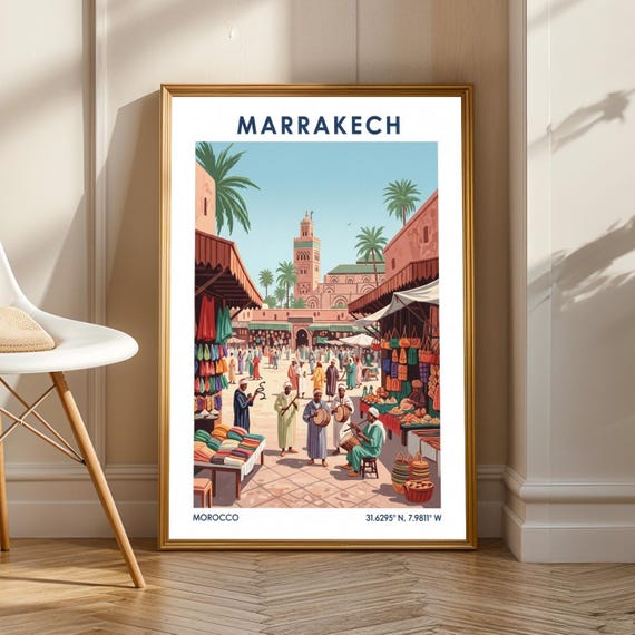 Marrakech Market Scene Poster Blue And Green Gouache Art Moroccan Travel Orange Red Brown Living Room Decor