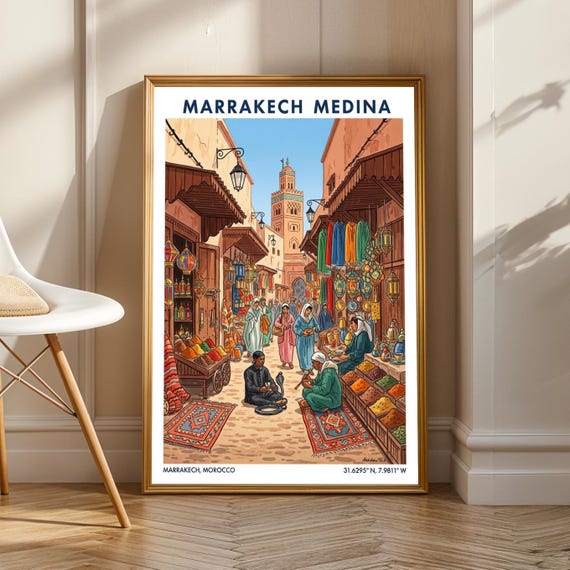 Marrakech Medina Market Poster Vintage Gouache Illustration Orange And Blue Green Red Moroccan Art Living Room Office Decor