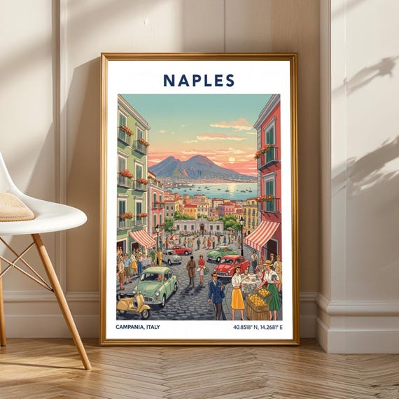 Naples Street Scene Vintage Italian Travel Poster