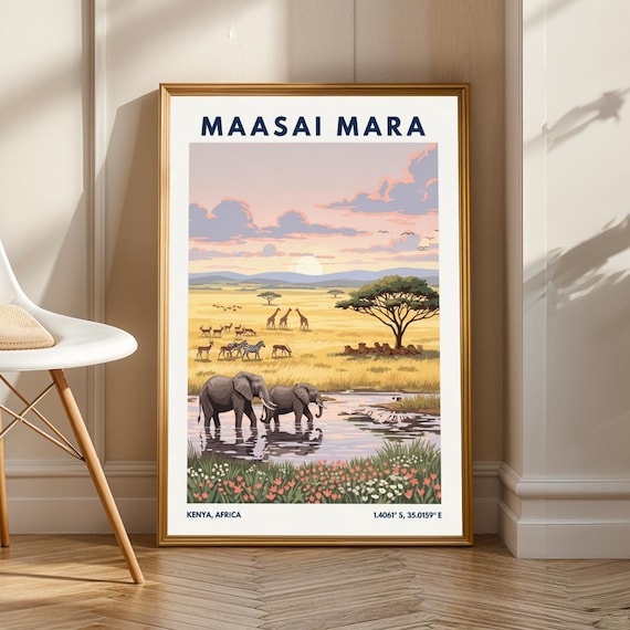 Maasai Mara Safari Sunset Elephants Vintage Kenyan Travel Poster
