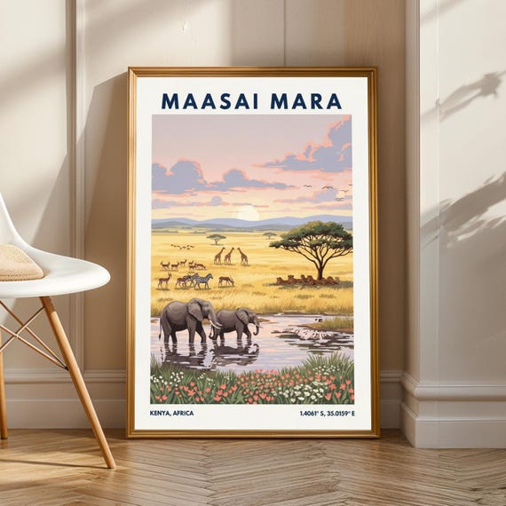 Maasai Mara Wildlife Poster Vintage Gouache Painting Pink Orange Green Blue And Gray Safari Art African Landscape For Living Room