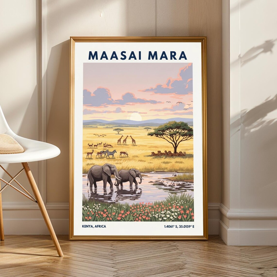 Maasai Mara Safari Sunset Elephants Vintage Kenyan Travel Poster