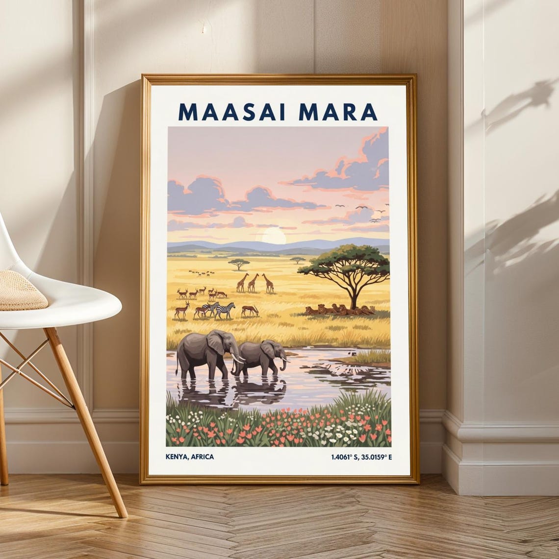 Maasai Mara Wildlife Poster Vintage Gouache Painting Pink Orange Green Blue And Gray Safari Art African Landscape For Living Room