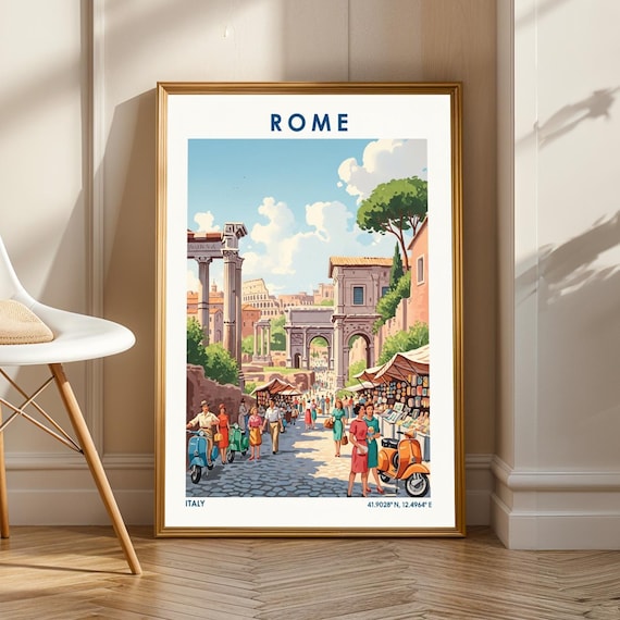 Rome Street Scene Poster Vintage Italian Travel Art Blue Green Orange And Pink Illustration Living Room Office Decor Retro