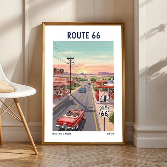 Route 66 Americana Art Print Red Blue And Yellow Midcentury Illustration Vintage Road Trip Poster Living Room Office Decor