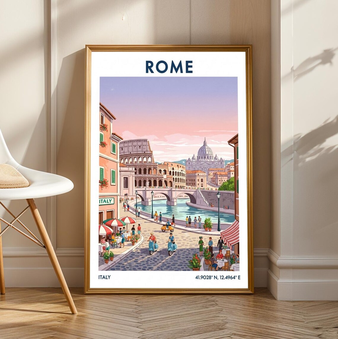 Rome Italy Colosseum Golden Tiber River Vintage Travel Poster