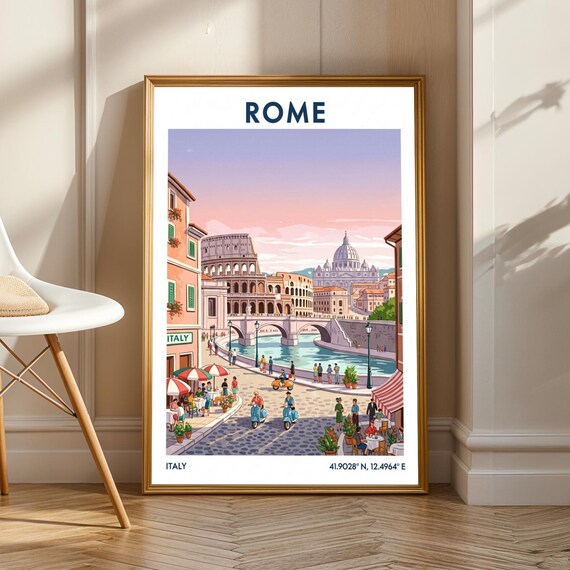 Rome Italy Colosseum Golden Tiber River Vintage Travel Poster