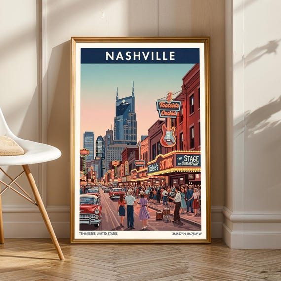 Nashville Neon Broadway Streetscape Retro Tennessee City Travel Poster
