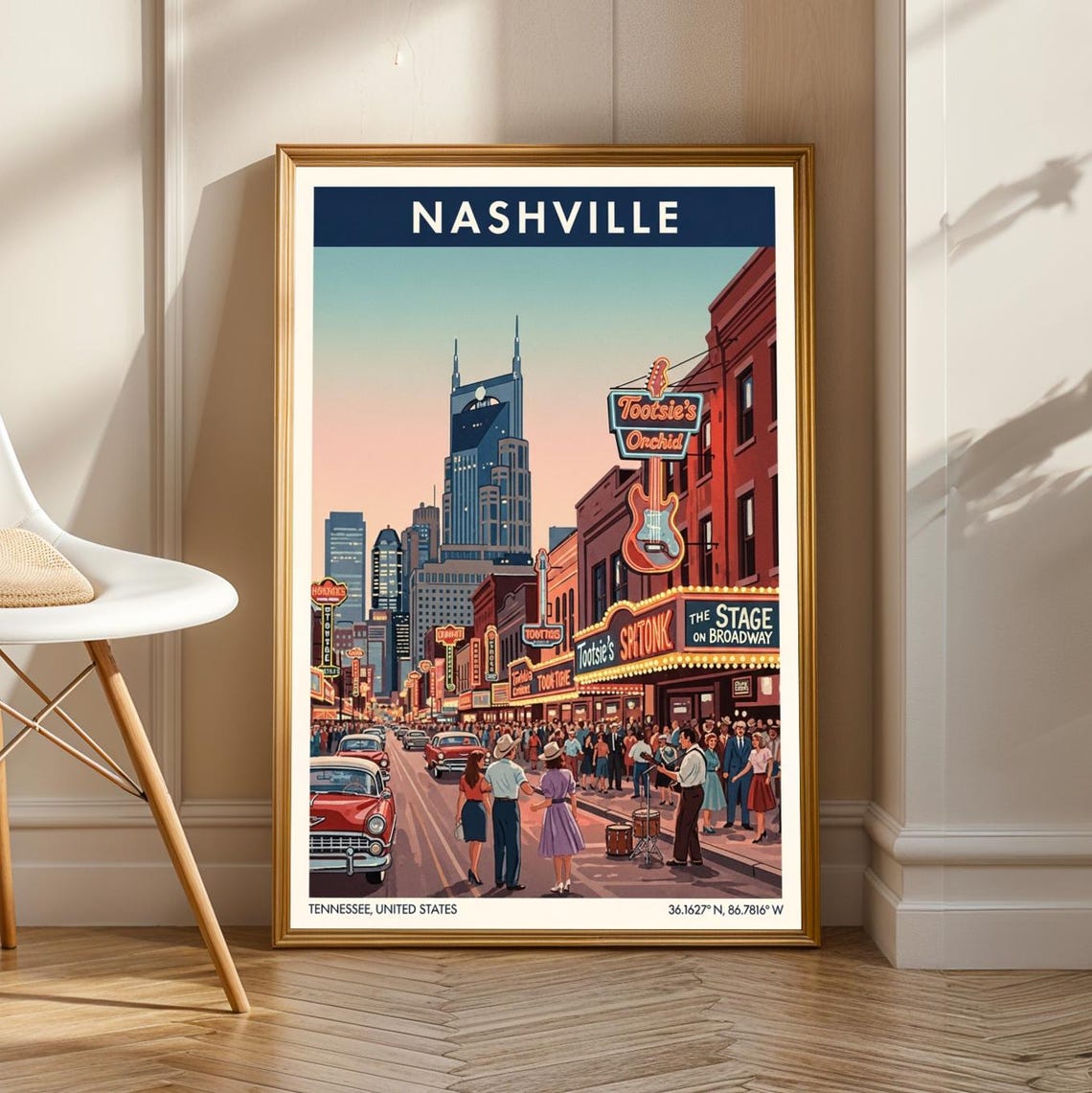 Nashville Neon Broadway Streetscape Retro Tennessee City Travel Poster