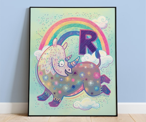 Kids Room Art Nursery Decor Or Baby Shower Gift R For Rhino Colorful Cute Poster