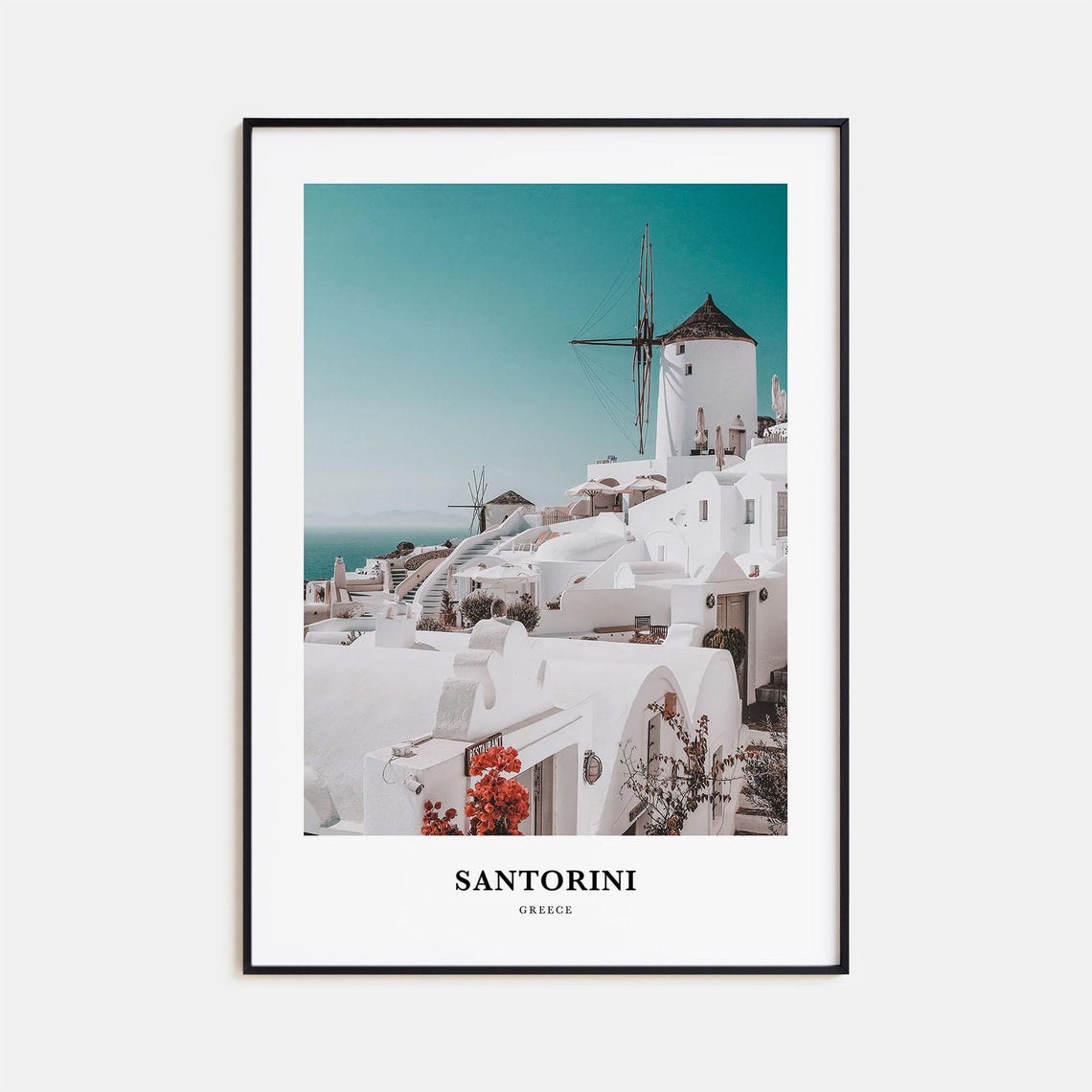 Santorini Greece White Windmills Aegean Sea Village View Poster