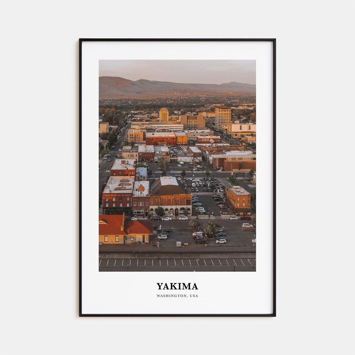 Golden Hour Aerial of Downtown Yakima Washington with Hills Poster