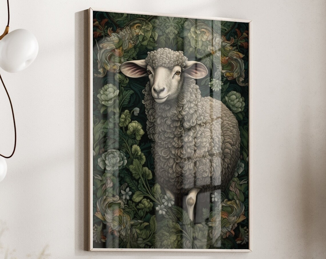 William Morris Inspired Sheep Art Print, Earth Tone