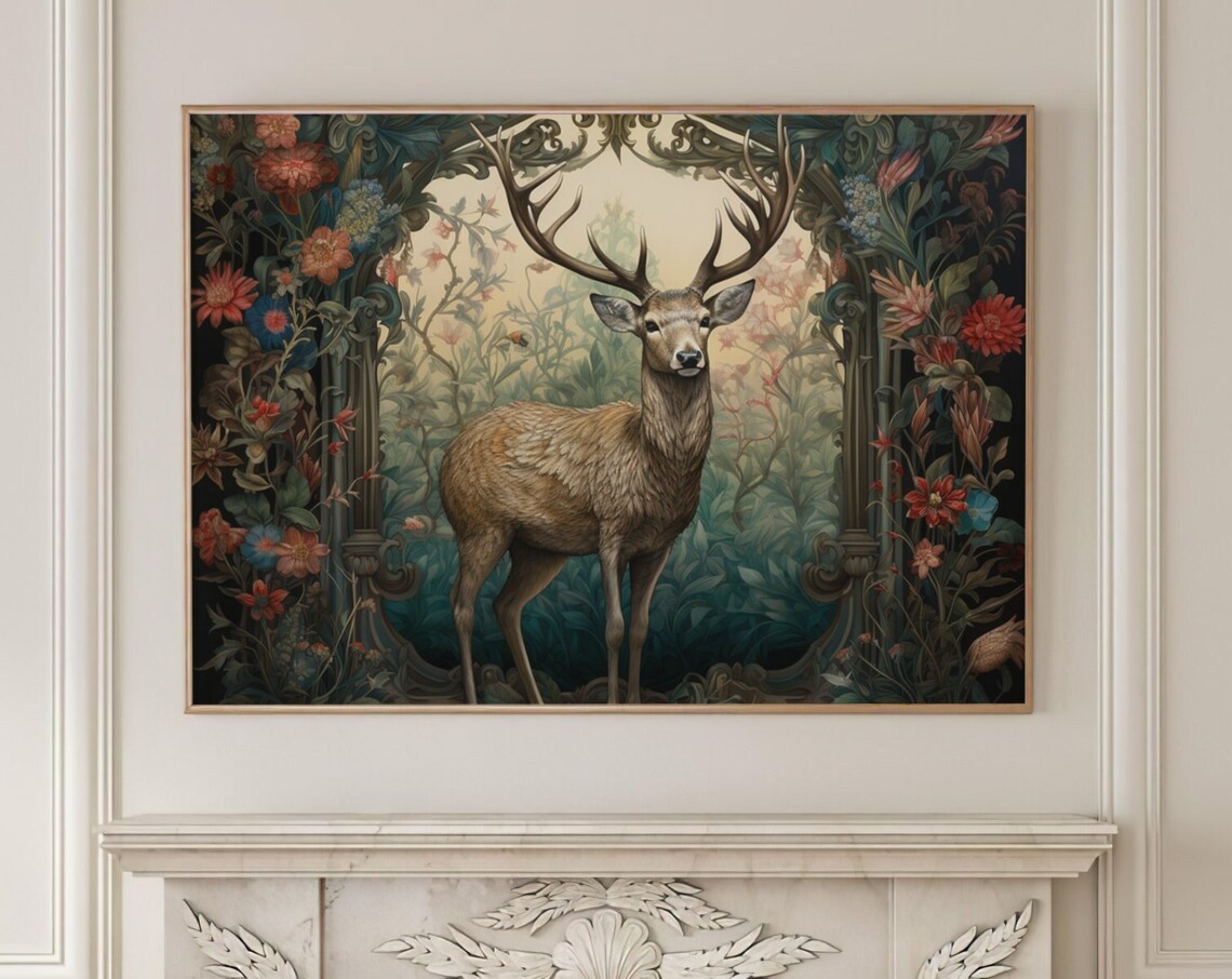 Majestic Stag Deer With Antlers In Dark Floral Woodland Poster - Image 5
