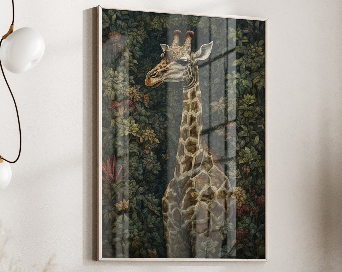 Giraffe in Lush Jungle Botanical William Morris Style Art Poster