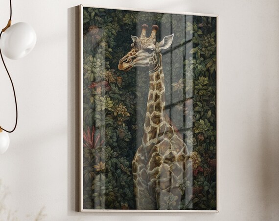 Giraffe in Lush Jungle Botanical William Morris Style Art Poster