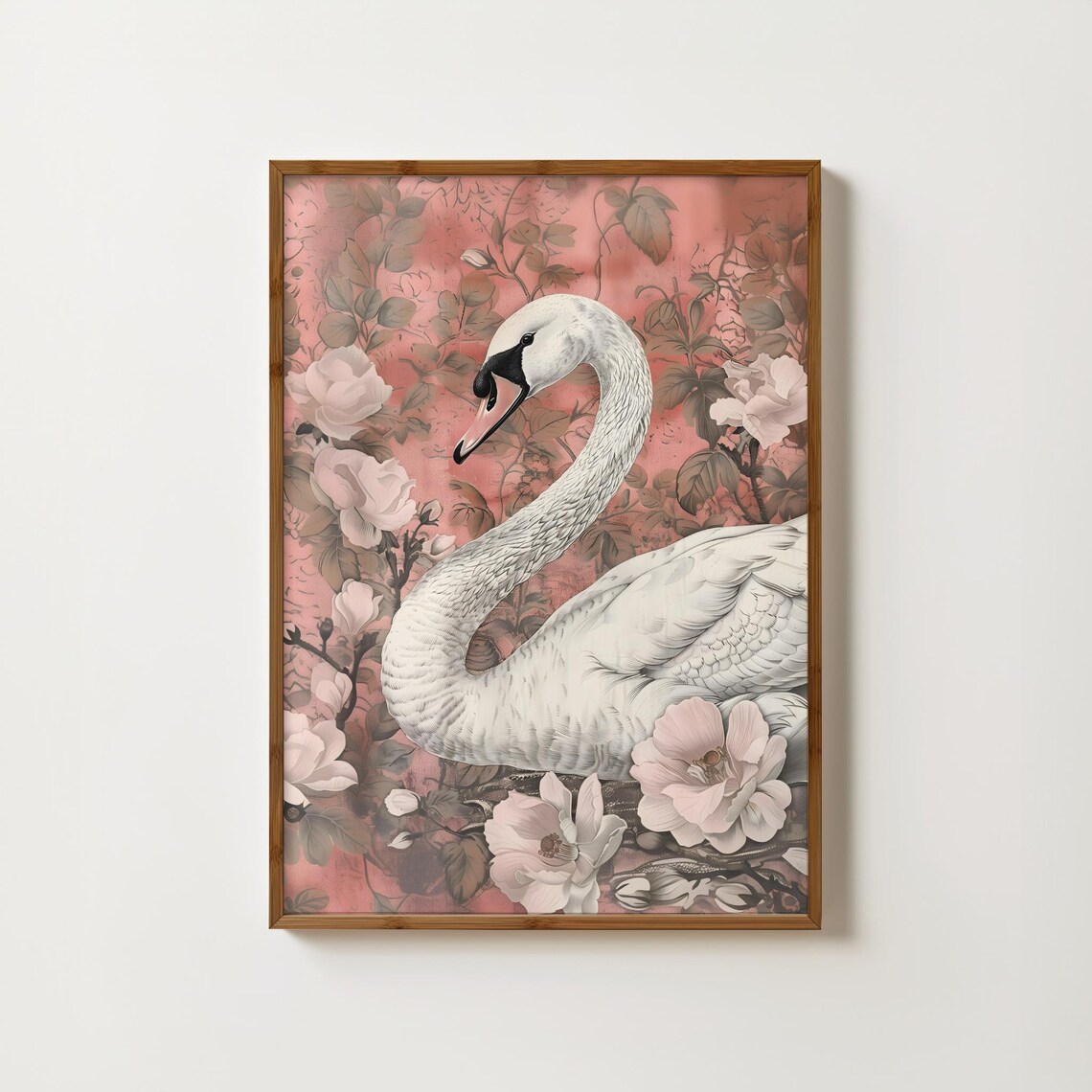 White Swan In S Pose Amid Blush Roses Vintage Floral Art Poster