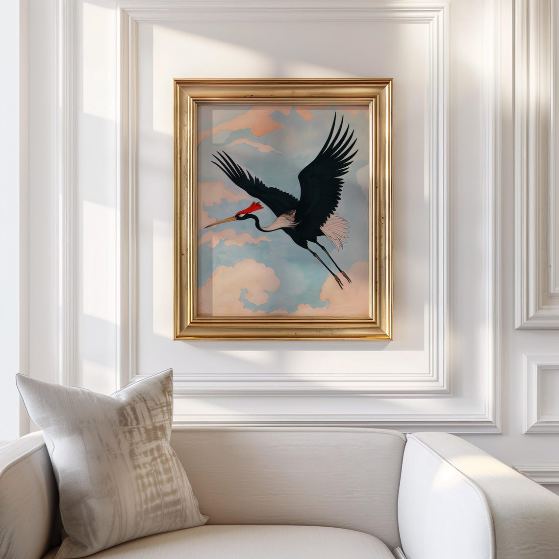 Flying Crane Soaring In Japanese Style Pastel Cloudy Sky Art Print - Image 3