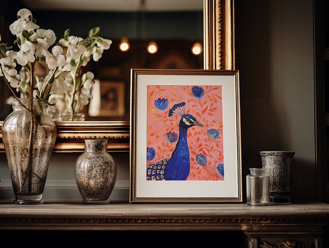 Blue Peacock Against Pink Floral Background Maximalist Bird Poster - Image 3