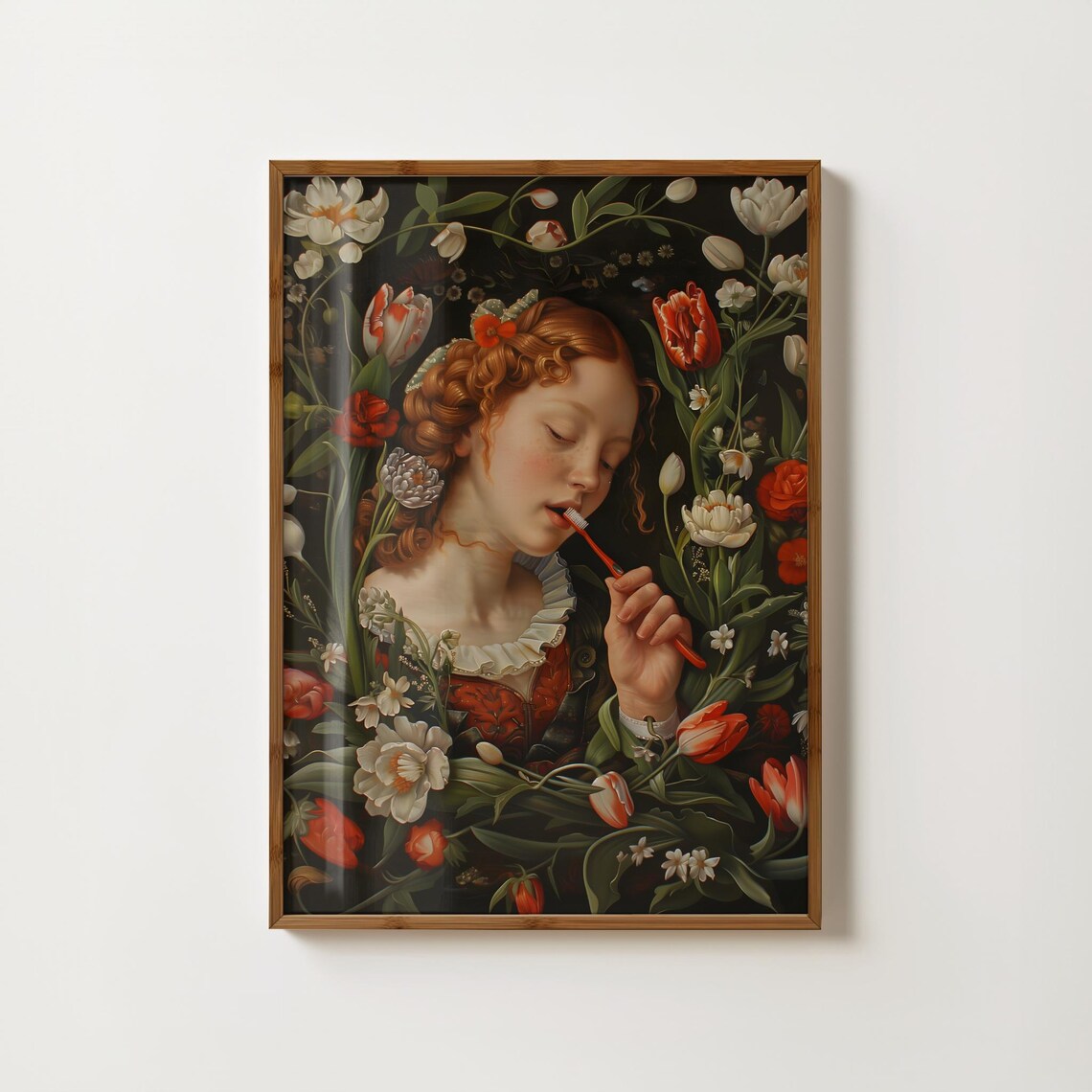 Vintage Girl Brushing Teeth Surrounded By Red Tulips Floral Art Poster